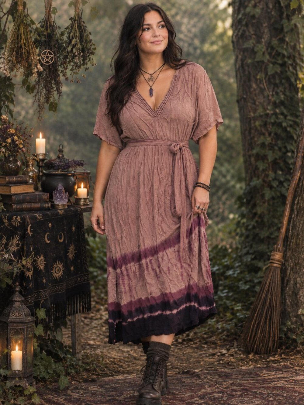 Cream Nikki Tunic Size 38 Taupe Mauve Black Ombre Tie Side Boho